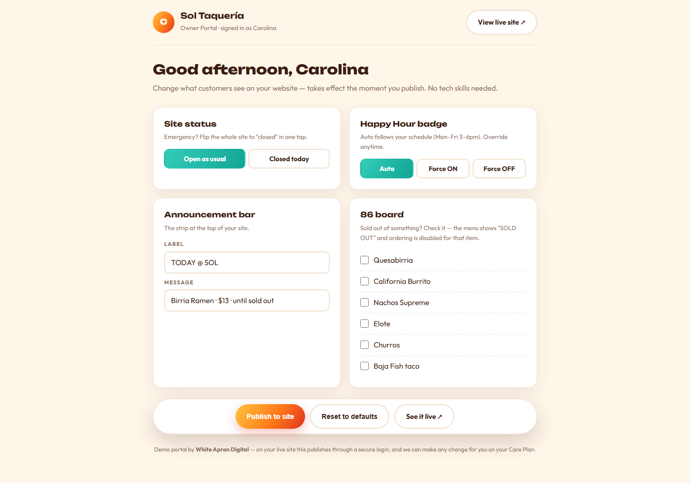 The owner portal dashboard — site status, announcement bar, happy hour override and 86 board